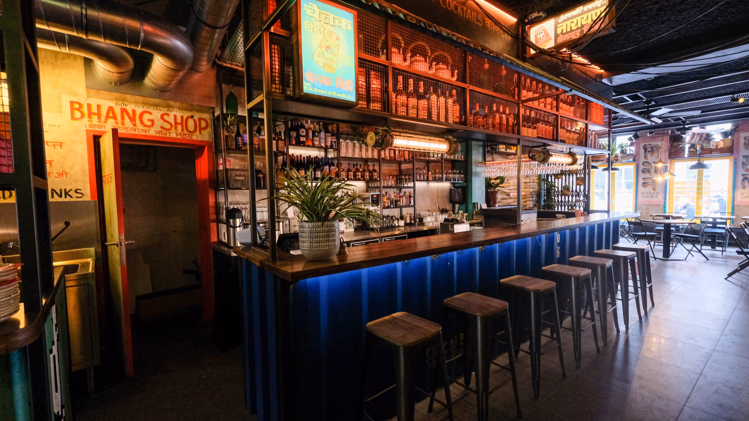 Mission Masala bar in Ghent with blue LED lighting under the counter