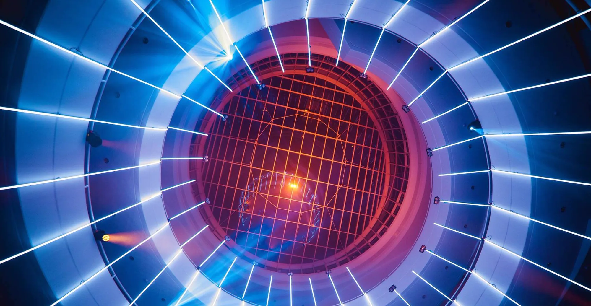 Hanging RGBW LED tubes in the twenty-metre shaft, Industria gala ball