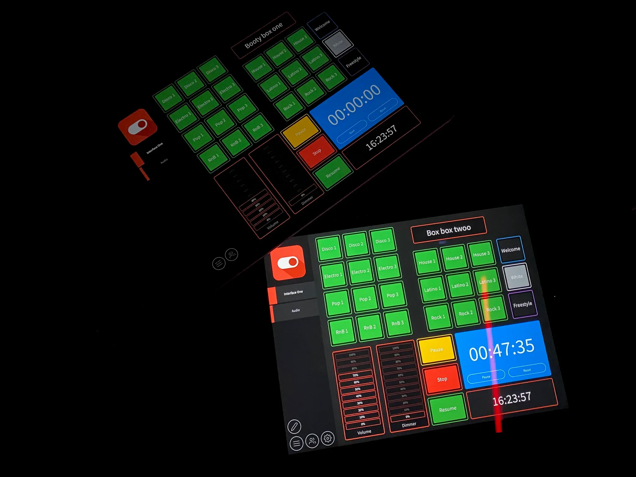 Two tablets running a complete fitness session, sound and light