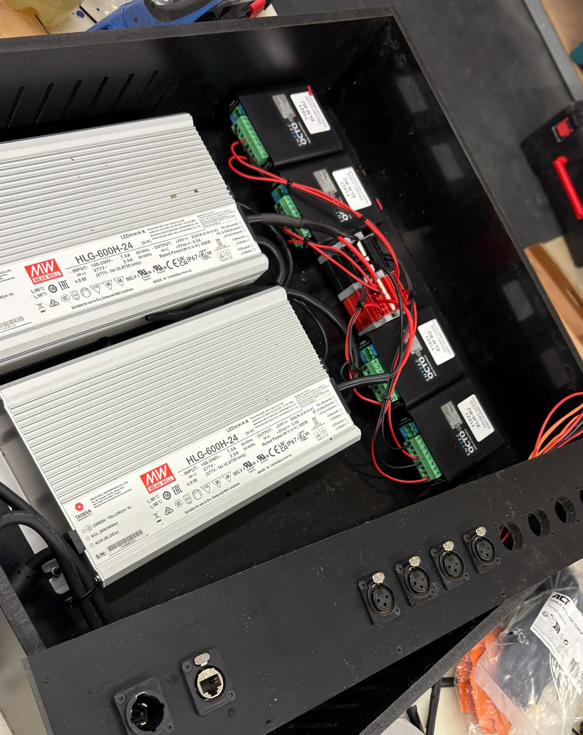 Custom-built control box with LED power supplies and drivers
