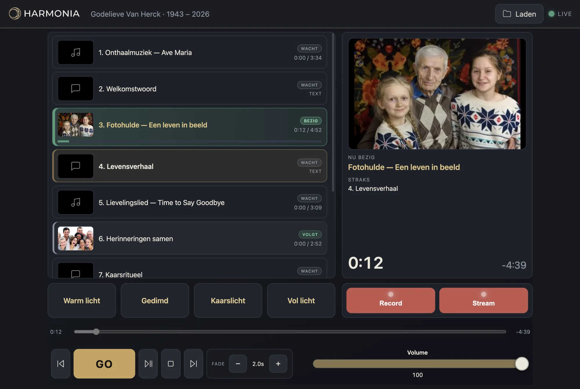 Harmonia on a tablet showing the playlist of a farewell ceremony
